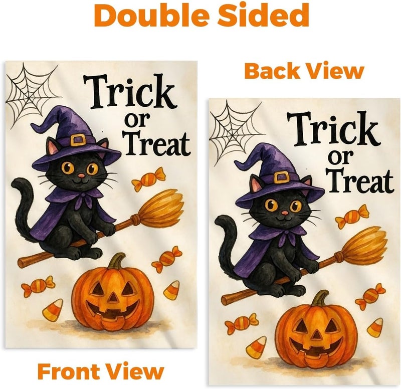 KarvePro Halloween Garden Flag 12x18 – Trick or Treat Black Cat & Pumpkin with Broom Stick & Spiderweb – Double Sided Burlap Halloween Flags for Outside, Fits Garden Flag Poles - Image 5